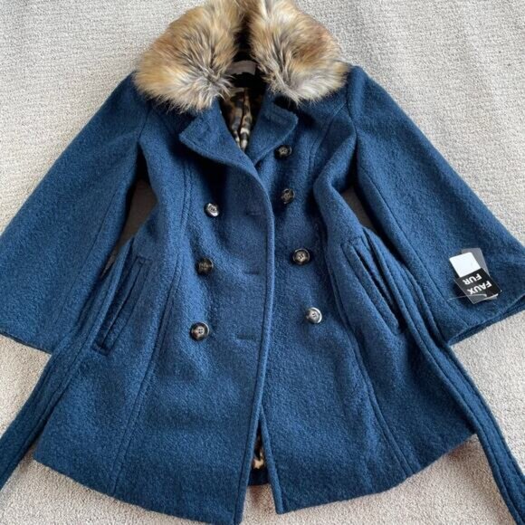 🔥NWT Laundry By Shelli Segal Wool Blend Double Breasted Faux Fur Collar Teal - Picture 3 of 13
